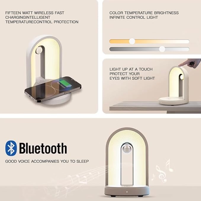 3-in-1 Night Light with Wireless Charger, Music Bedside Lamps with Bluetooth Speaker Phone Wireless Charger Touch Lamps for Nightstand Dimmable Table Lamp for Bedroom Desk Lamp Holiday Gifts