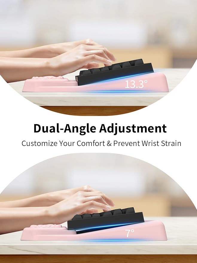 3-in-1 Ergonomic Keyboard Stand with Wrist Rest & Mouse Pad Set, Comfy Keyboard Riser Holder Soft Mousepad with Massage Design, Memory Foam and Non-Slip PU Base for Wrist Support, Pink