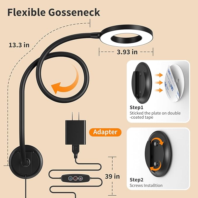 Wall Mounted Lamp, Reading Light for Book in Bed at Night, Shadowless LED Lamp for Workbench Bedroom Bedside Headboard, Eye Care 5 Color & Brightness Adjustable, 360 Flexible Gooseneck, Black