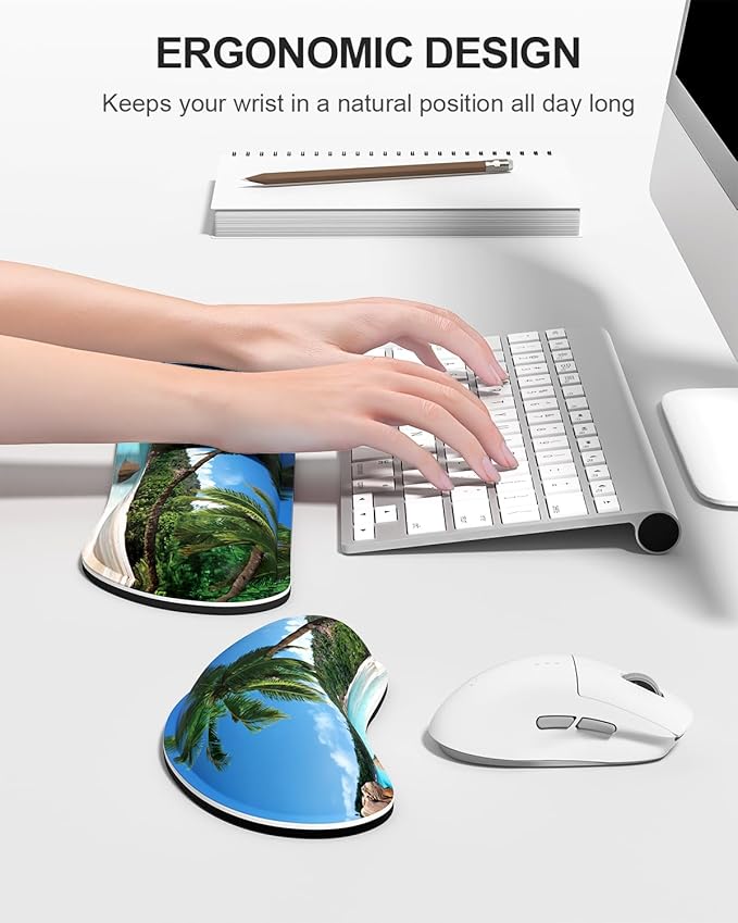Auhoahsil Large Mouse Pad with Wrist Rests for Keyboard & Mouse, Thick Soft Ergonomic Memory Foam Wrist Supports, Big & Long Desk Mat 35.5 x 15.7 in, for Office Gaming Computer, Beach and Trees