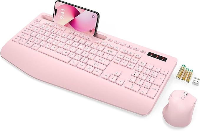 Wireless Keyboard and Mouse, Wrist Rest, Phone Holder, 2.4G Lag-Free Ergonomic Keyboards Mouse Combo, KM23D Silent Keyboards Set for Computer, Laptop, PC, Windows, Pink -SABLUTE