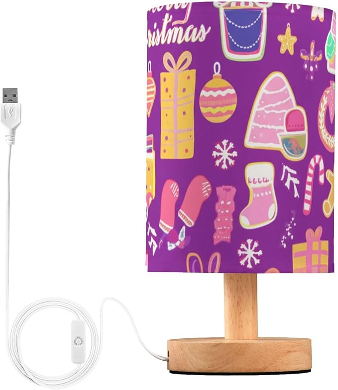 Christmas Cartoon LED Table Lamp, Bedside Lamp with Linen Lampshade, Flicker-Free Eye Care USB Plug in Nightstand Lamp, for Bedroom and Office