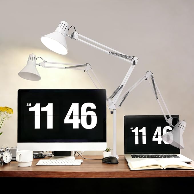LED Desk Lamp With Clamp for Office Home, Eye-Caring Clip on Light with Adjustable Extra Tall Metal Swing Arm, High Intensity Clamp w/A19 E26 Bulb for Working Reading, 3000k Table Lamps Warm Light