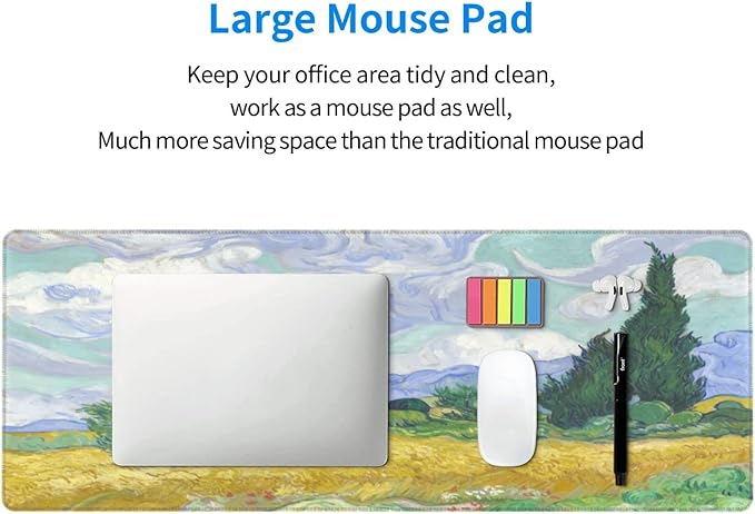 Van Gogh Wheat Field with Cypresses Mouse Pad Extended Large Gaming Mousepad XL Big Long Oversized Desk Mat Stitched Edges 31.5 X 11.8 Inch for Home Office