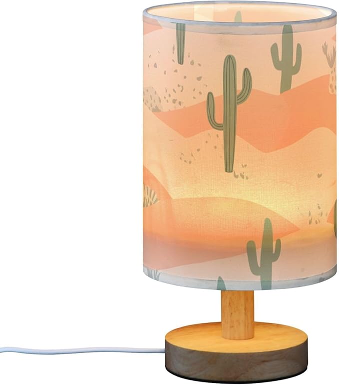 Desert Cactus LED Table Lamp, Bedside Lamp with Linen Lampshade, Flicker-Free Eye Care USB Plug in Nightstand Lamp, for Bedroom and Office