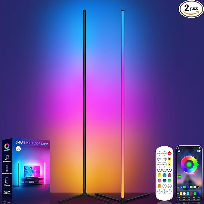 Floor Lamp, RGB LED Corner Lamp with Music Sync, Smart App and Remote Control Color Changing Ambience Light, 16 Million Colors Standing Lamp for Bedroom Living Room Gaming Room (2pcs)