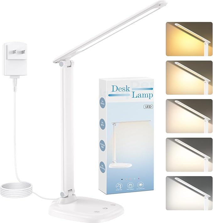 Desk Lamp with Charger, 10%-100% Stepless Dimmable & 5 Color Modes Study Lamp, Touch Control, 30-/60-minute Timer, USB Charging Output Port, CRI≥90, Eye-Caring Foldable LED Desk Lamps for Home Office