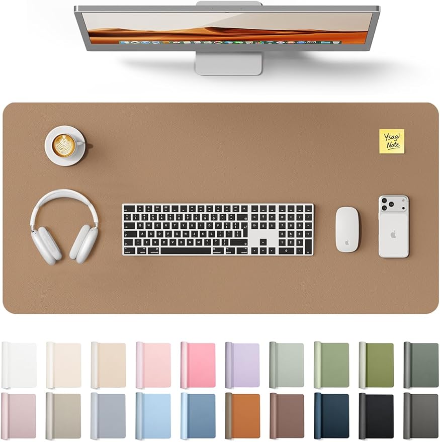 YSAGi Leather Desk Protector, Office Mat, Large Mouse Pad, Non-Slip PU Leather Blotter, Laptop Desk, Waterproof Writing Pad for Office and Home (Khaki, 35.4" x 17")