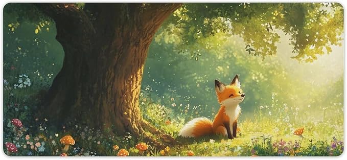 Cute Fox Mouse Pad, Large Extended Desk Mat 40×90cm (16''×36'')， Forest Animal Gaming Mousepad with Non-Slip Rubber Base, Stitched Edges, Water-Resistant for Office Home
