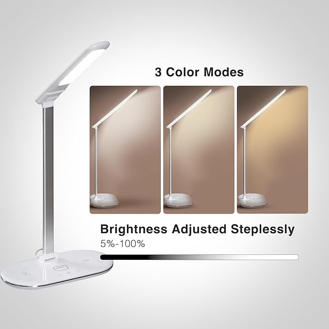 3-in-1 LED Desk Lamp with Chargers, 3 Lighting Modes, 5 Brightness Levels & Dimmable, Touch-Controlled Reading lamp for Home/Office, Foldable Table lamp for College Dorm Room