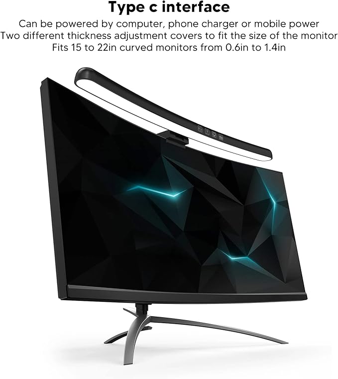 Computer Monitor Lamp, Curved Screen Monitor Light Bar for Eye Caring, Touch Dimming, No Screen Glar e, 7 Color RGB Light Effect, USB C LED Computer Lamp for Desk,Gaming
