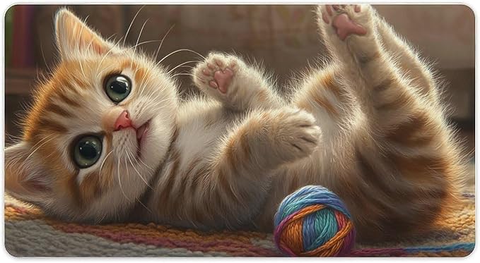 Large Ergonomic Gaming Mouse Pad Curious Kitten Playtime - Cute Cat Theme with Non-Slip Base Water-Resistant Surface and Stitched Edges 40X75cm
