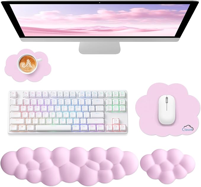 Cloud Wrist Rest for Computer Keyboard, 4-in-1 Memory Foam Leather Cloud Keyboard Wrist Rest and Mouse Pad Set with Ergonomic Support for Arm and Palm Cushion, Gaming/Work Setup, Pink