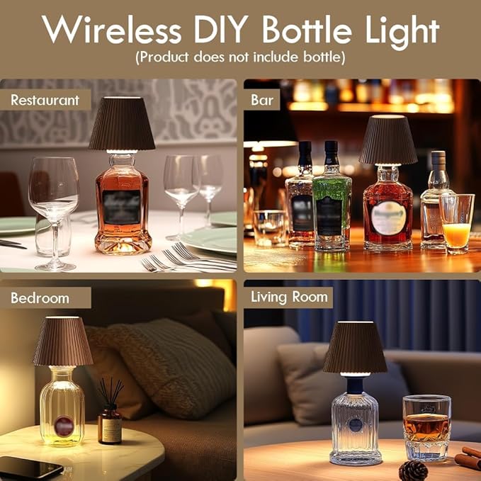 WILIT 2 Pack Wine Wirelss Bottle Lamp, 3-Level Brightness Cordless Table Lamp Shades, Rechargeable Battery Operated for Bedroom, Living Room, Kitchen Counter, Women Gifts for Her