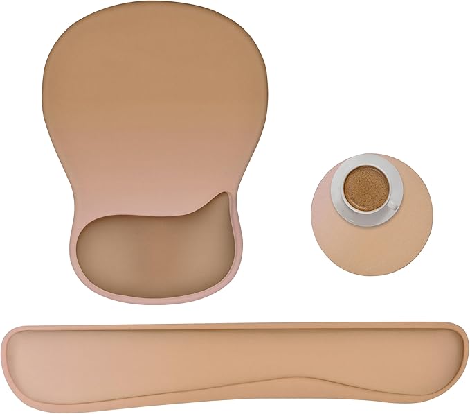 Wrist Rest Support for Mouse Pad Keyboard Set Circle Coaster Gaming Mouse Pad Ergonomic Gel Memory Foam Set for Computer, Laptop, Office, Comfortably Typing Brown KM-32