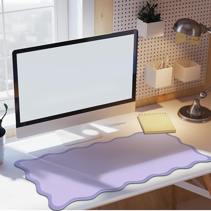 Scalloped Desk Mat Large Scalloped Piping Cute Desk Mat Aesthetic Preppy Table Pad Large Nonslip Pad with Edge Stitching Waterproof Gaming(Purple,31.5 x 15.75 Inches)