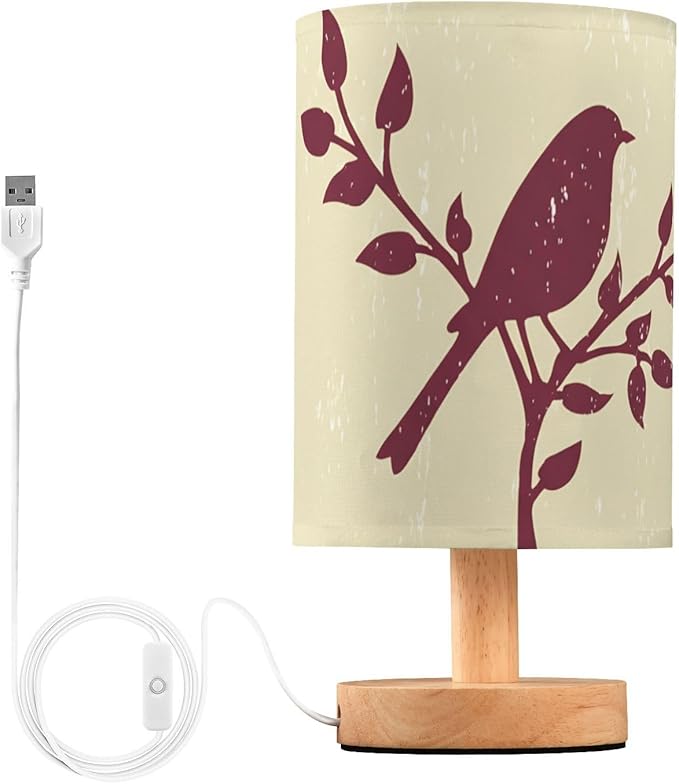 Retro Bird LED Table Lamp, Bedside Lamp with Linen Lampshade, Flicker-Free Eye Care USB Plug in Nightstand Lamp, for Bedroom and Office