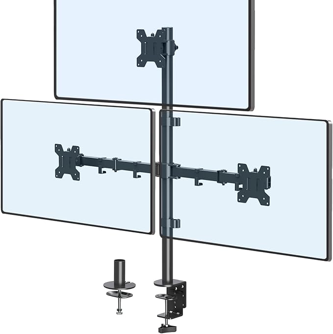 Triple Monitor Stand, Desk Mount for Three Screens up to 32 Inch, Stacked Monitor Arm for 3 Monitors Max 17.6lbs per Arm, Height Adjustable, Tilt, Swivel VESA Mount 75/100x100mm