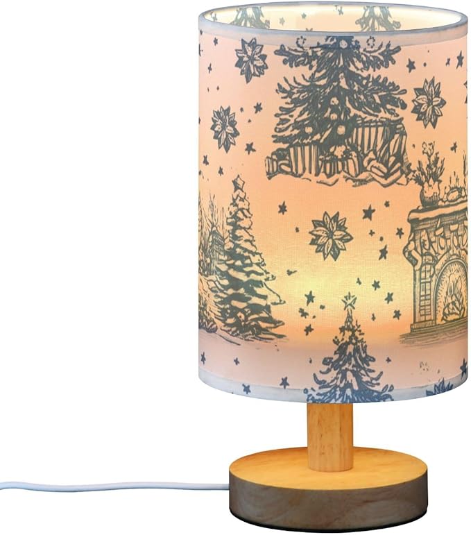 Christmas Tree LED Table Lamp, Bedside Lamp with Linen Lampshade, Flicker-Free Eye Care USB Plug in Nightstand Lamp, for Bedroom and Office
