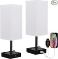 aooshine White Fully Dimmable Nightstand Lamps Set of 2 - Table Bedside Lamp with USB C+A Charging Ports & 2 AC Outlets, Square Lamp Sets Linen Fabric Shade for Bedroom Living Room(Bulb Included)