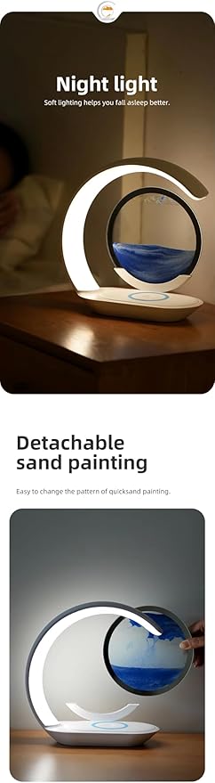 LED Table Lamp with Wireless Charging, Crescent Moon Design, Blue and Orange Sand Art Display, Blue