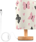 Pink Butterfly LED Table Lamp, Bedside Lamp with Linen Lampshade, Flicker-Free Eye Care USB Plug in Nightstand Lamp, for Bedroom and Office