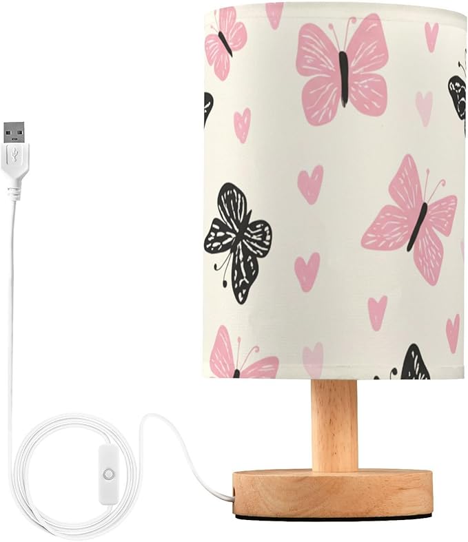 Pink Butterfly LED Table Lamp, Bedside Lamp with Linen Lampshade, Flicker-Free Eye Care USB Plug in Nightstand Lamp, for Bedroom and Office