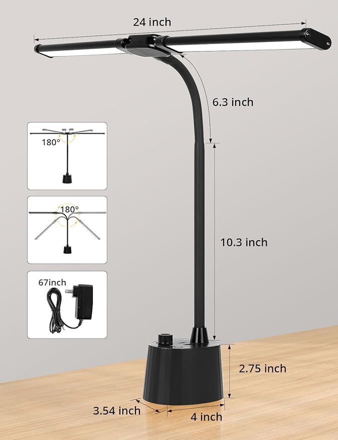 Desk Lamp, Dual Head, Smart USB A+C Charging Port, 5 Color Modes Dimmable, 2600 Lumens 12W Wide-Angle Lighting Table Lamp, 49cm Height for Bedside Reading, Office, Study, Crafts, Draw