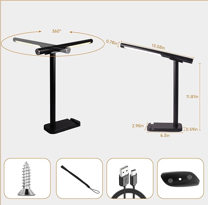 2 In 1 Led Desk Lamp - Outdoor Magnetic Desk Lamps for Home Office Study Bedroom , Black Desk Lamps with Phone Holder & USB Charging Port, 3500-6500K Touch Control Dimming & 5 Brightness Levels