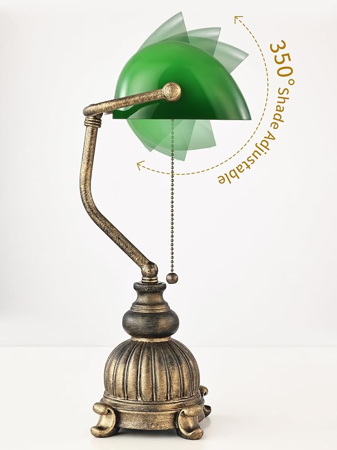Newrays Retro Green Glass Bankers Desk Lamp for Home Office,Library with Pull Chain Switch Plug in Fixture, LED Bulb Included