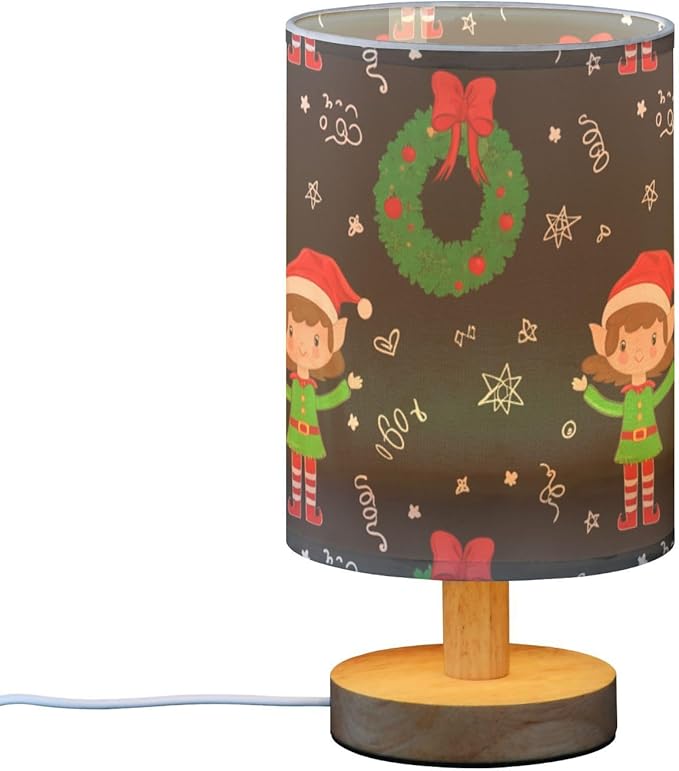 Elf Christmas LED Table Lamp, Bedside Lamp with Linen Lampshade, Flicker-Free Eye Care USB Plug in Nightstand Lamp, for Bedroom and Office