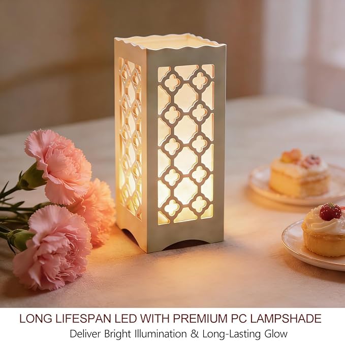Bright Zeal 9" Tall LED Table Lamp with Flower Shaped Carving (Battery & USB Operated) - LED Desk Lamps Rechargeable with USB Charging Port - White Lamps Decorative Indoor Lights Lights