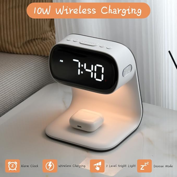 WILIT Alarm Clock with Wireless Charging,Dimmable Night Light,Snooze Function,10W Fast Charger,Modern Bedside Clock for Bedroom,Kids,Teens,Adults,Gift for Men and Women(White)