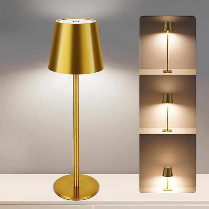 Gold Cordless Table Lamp,8-20 Inches Adjustable Height, 5000mAh Rechargeable LED Desk Lamp, 3 Color Stepless Dimmable, Portable Table Light for Indoor/Outdoor
