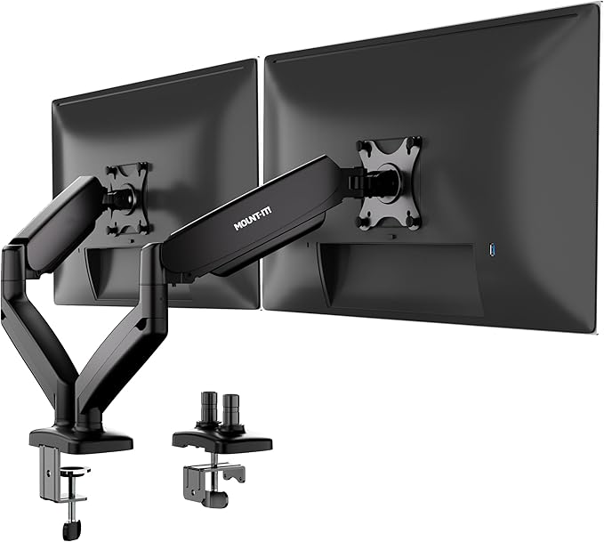 Mount-It! Dual Monitor Desk Mount, Two Independent Gas Spring Arms, Fits 13-32" Screens up to 17.6 lbs Each, VESA 75x75 & 100x100, Full Motion Tilt Swivel Rotate, C-Clamp & Grommet Base