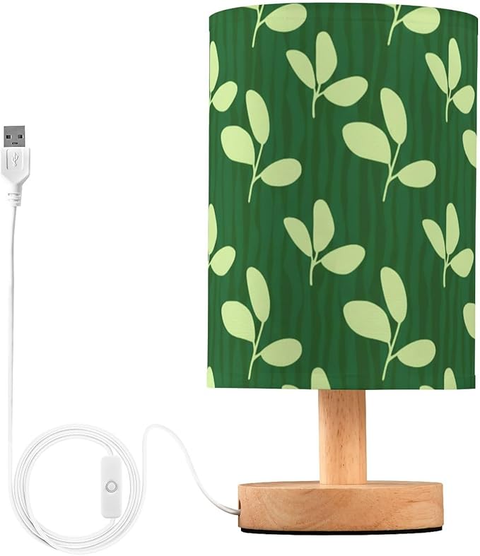 Green Leaf LED Table Lamp, Bedside Lamp with Linen Lampshade, Flicker-Free Eye Care USB Plug in Nightstand Lamp, for Bedroom and Office