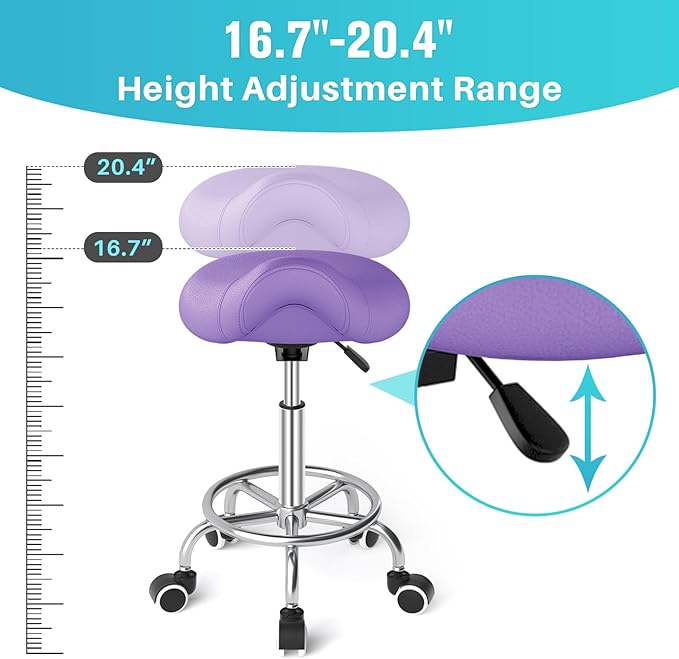 YEEZEE Saddle Stool Ergonomic- Comfortable Rolling Saddle Stool with Wide Thick Saddle Seat Padding, Swivel Adjustable Saddle Chair with Wheels and Ring Pedal for Medical Massage Salon (Purple)