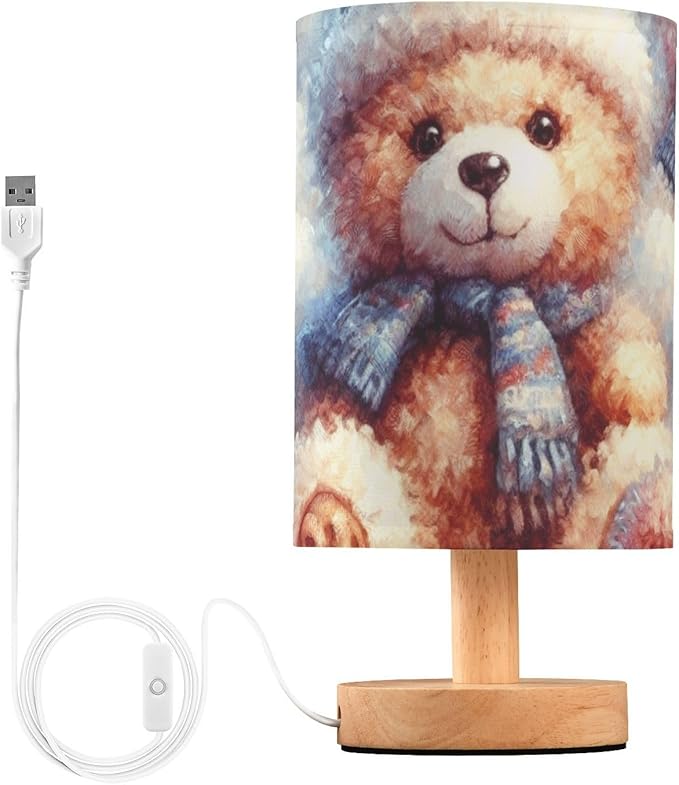 Bear LED Table Lamp, Bedside Lamp with Linen Lampshade, Flicker-Free Eye Care USB Plug in Nightstand Lamp, for Bedroom and Office