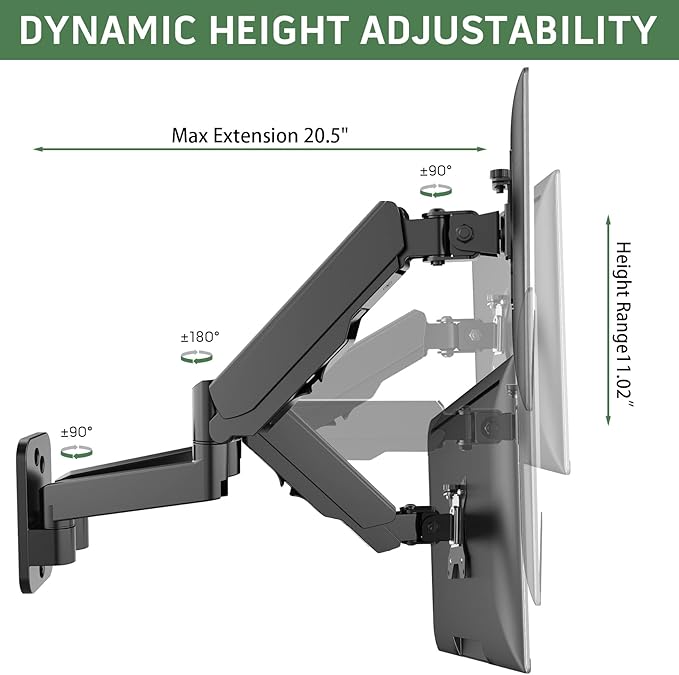 Dual Monitor Wall Mount, Double Monitor Wall Stand for Two 17-32 inch Flat Computer Screens, Height Adjustable Gas Spring Mounted Bracket Arms Hold up to 17.6lbs, VESA 75/100