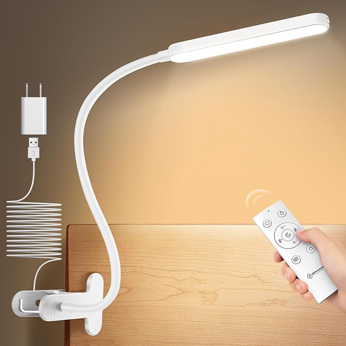 Glocusent 5W Clip On Light, 38 LED Eye Caring Book Lights for Reading at Night - 5 Color & 5 Brightness with a Remote, 30-Min Auto Off Timer, Bed Headboard Clip on Lamp for Reading/Studying/Working