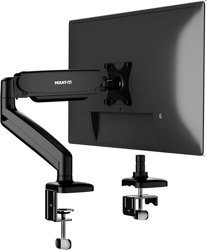 Mount-It! Single Monitor Arm Desk Mount, Gas Spring Monitor Mount, Fits 13–32" Screens up to 17.6 lbs, VESA 75x75 & 100x100, Full Motion Tilt Swivel Rotate, C-Clamp & Grommet Base