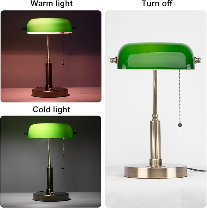 FIRVRE Green Glass Bankers Desk Lamp USB Wireless Charging Port LED Table Lamp Classic Retro Pull Chain Switch Reading Lamp for Home Office Workplace Library Piano