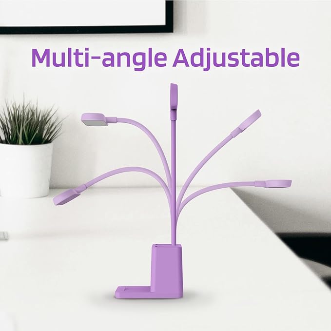 AXX Cute Purple Desk Lamp, Rechargeable Study Table Light for Home Office, Small, Battery Operated, LED, Flexible Gooseneck, Mini, Cordless, College Dorm Room Desktop Accessories for Teen Girls