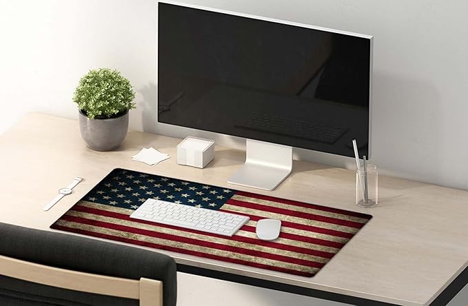 SSOIU Vintage American Patriotic US Flag Mouse Pad 35.5 X 15.7 Inch XXL Full Desk Mousepad Extended Large Non-Slip Rubber Base Waterproof Big Keyboard Mat with Stitched Edges for Gaming and Office