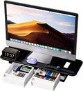 Computer Monitor Stand, Desk Organizer and Accessories with 2 Drawers, Multi-purpose Monitor Riser / Laptop Stand, Sturdy Desktop Storage Organizer for Office Supplies, Black
