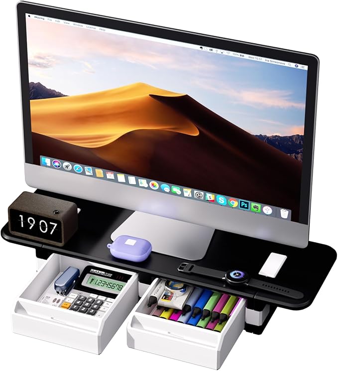 Computer Monitor Stand, Desk Organizer and Accessories with 2 Drawers, Multi-purpose Monitor Riser / Laptop Stand, Sturdy Desktop Storage Organizer for Office Supplies, Black