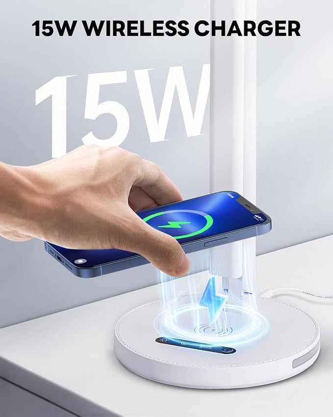 Upgraded LED Desk Lamp with Wireless Charger, Stepless Dimmable Foldable Table Lamp for Home Bedroom Office Sturdy Room, 3 Color Temperatures, Memory Function