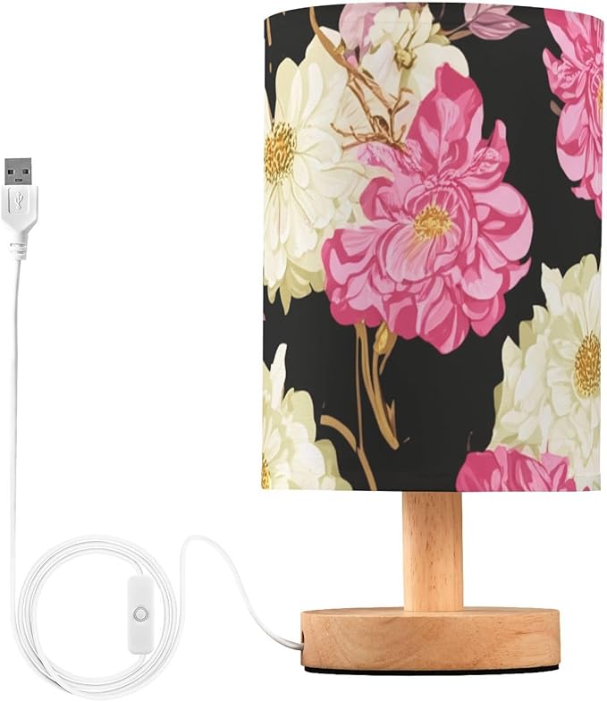 Colorful Floral LED Table Lamp, Bedside Lamp with Linen Lampshade, Flicker-Free Eye Care USB Plug in Nightstand Lamp, for Bedroom and Office