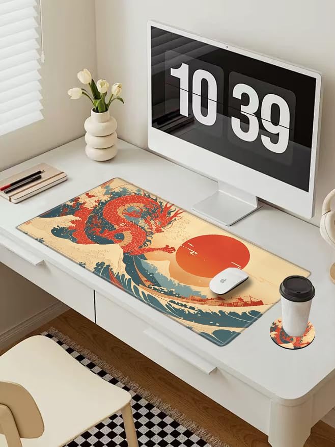 Gaming Mouse Pad Large Mousepad Dragon Desk Mat XXL Big Desk Pad Rubber Base Computer Pad with Stitched Edges Mouse Mat for Work Game Home Office
