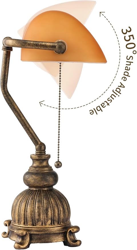 Newrays Retro Amber Glass Bankers Desk Lamp with Pull Chain Switch for Home Office, Library, Plug in Fixture, LED Bulb Included